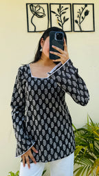Cotton Square Neck Lace detailing Bellsleeve Short Kurti - Dolled Up