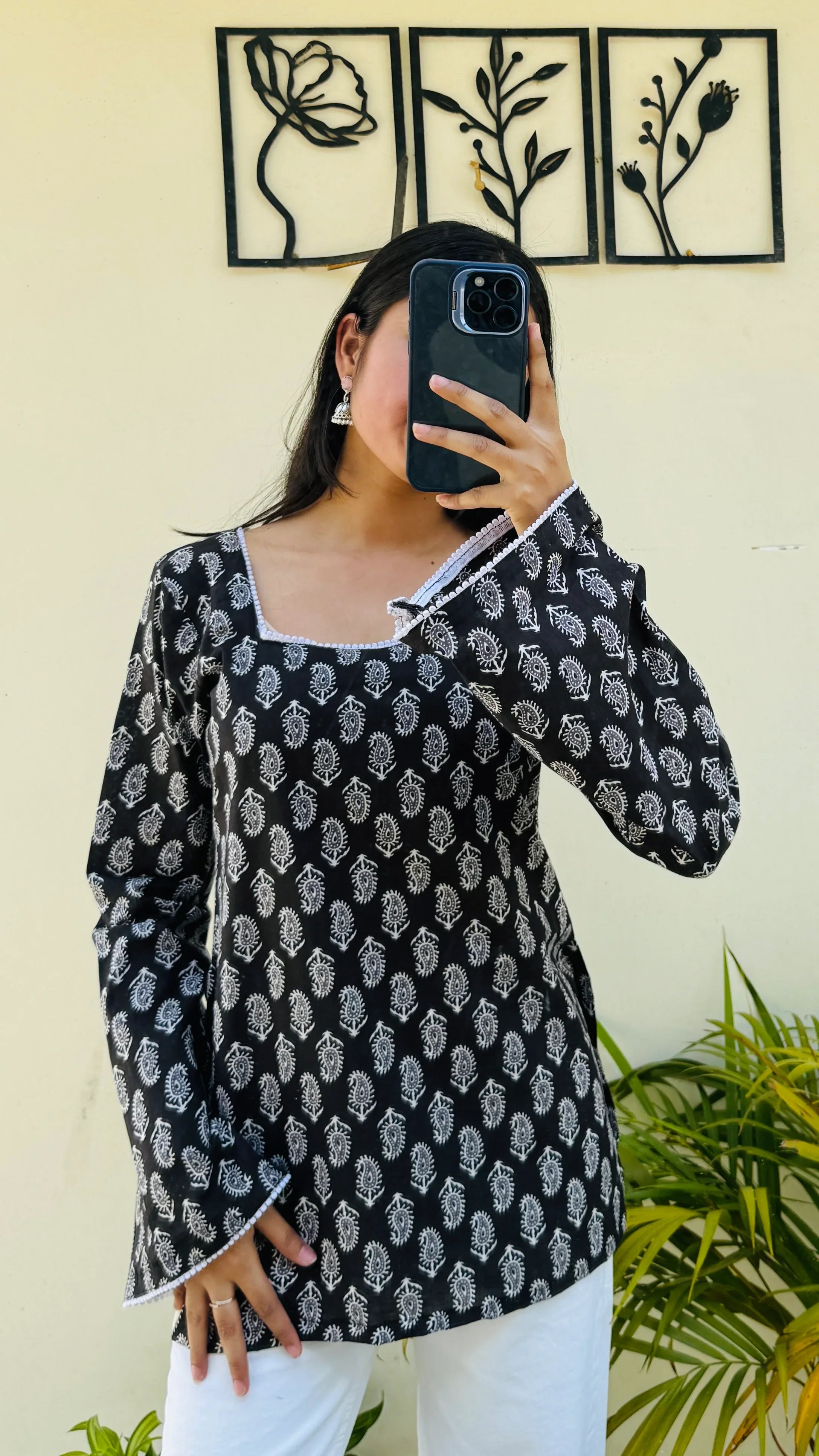 Cotton Square Neck Lace detailing Bellsleeve Short Kurti - Dolled Up