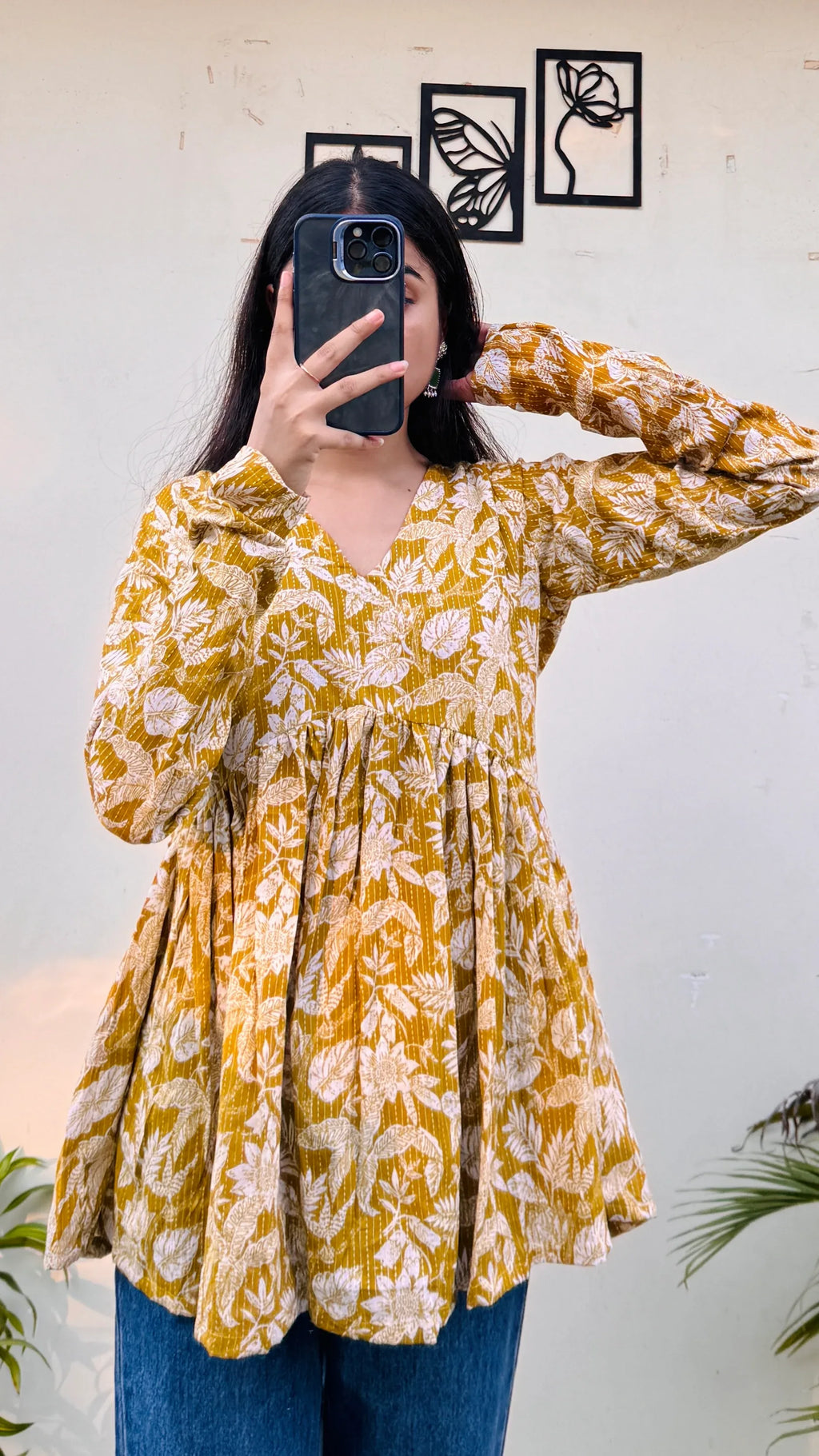 Katha Cotton Yellow Flared Floral Print Aliacut Peplum Top - Dolled Up