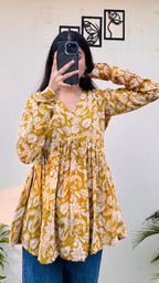 Katha Cotton Yellow Flared Floral Print Aliacut Peplum Top - Dolled Up