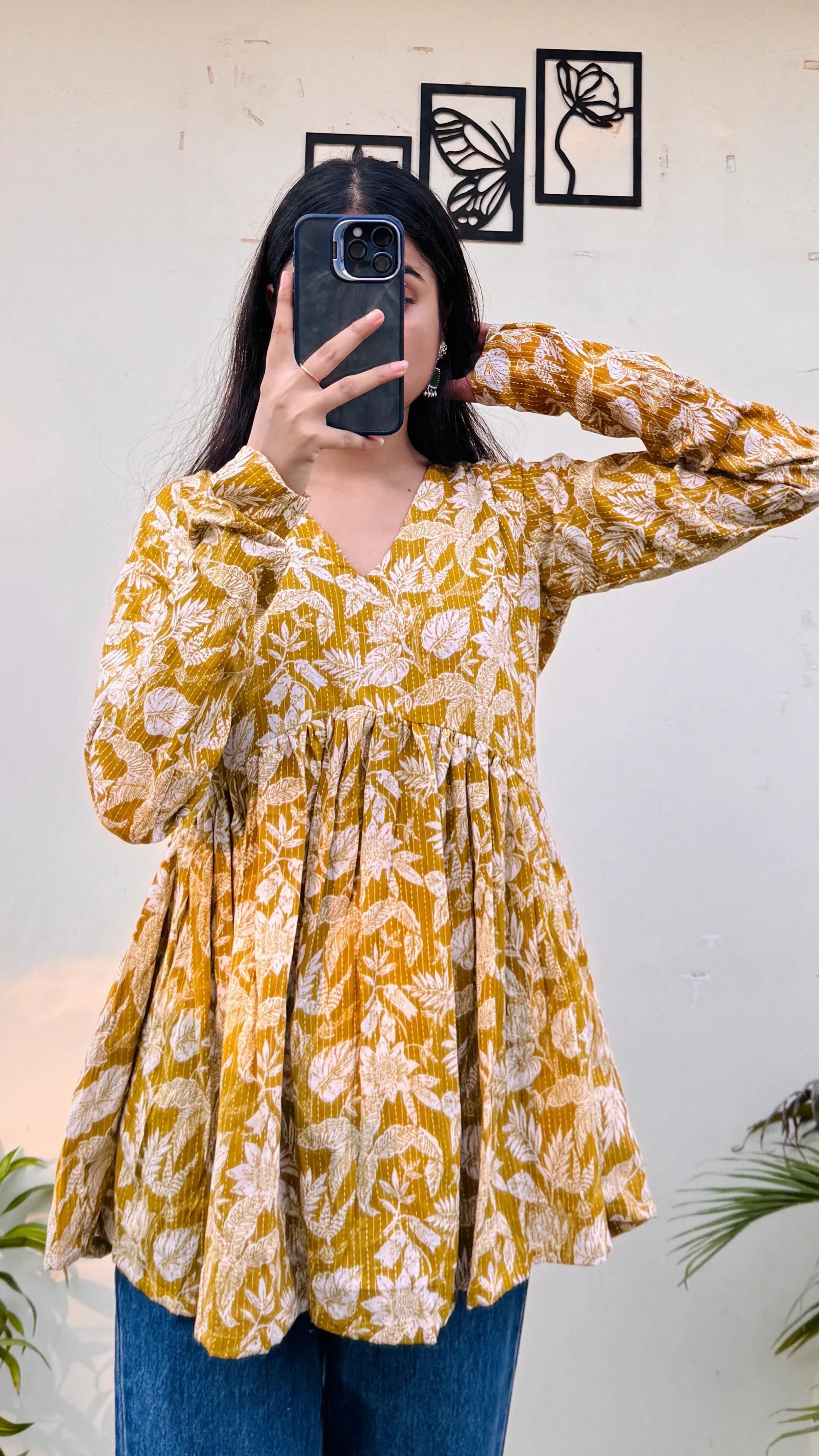 Katha Cotton Yellow Flared Floral Print Aliacut Peplum Top - Dolled Up