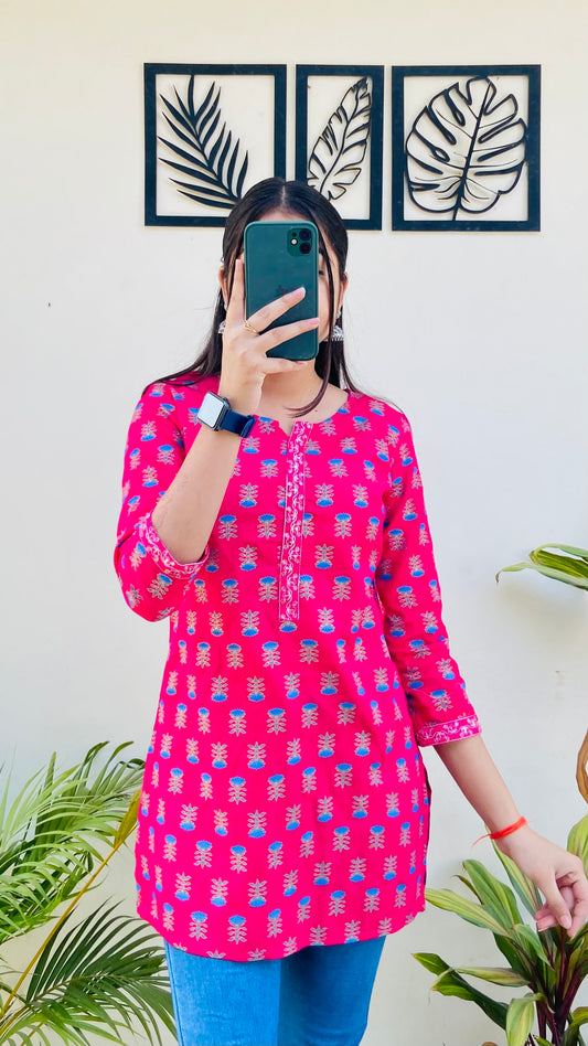 Hot Pink Printed Short Kurti