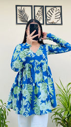 Cotton Flared Blue Printed Aliacut Peplum Top - Dolled Up