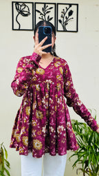 Cotton Katha Flared Wine Aliacut Floral Print Peplum Top - Dolled Up