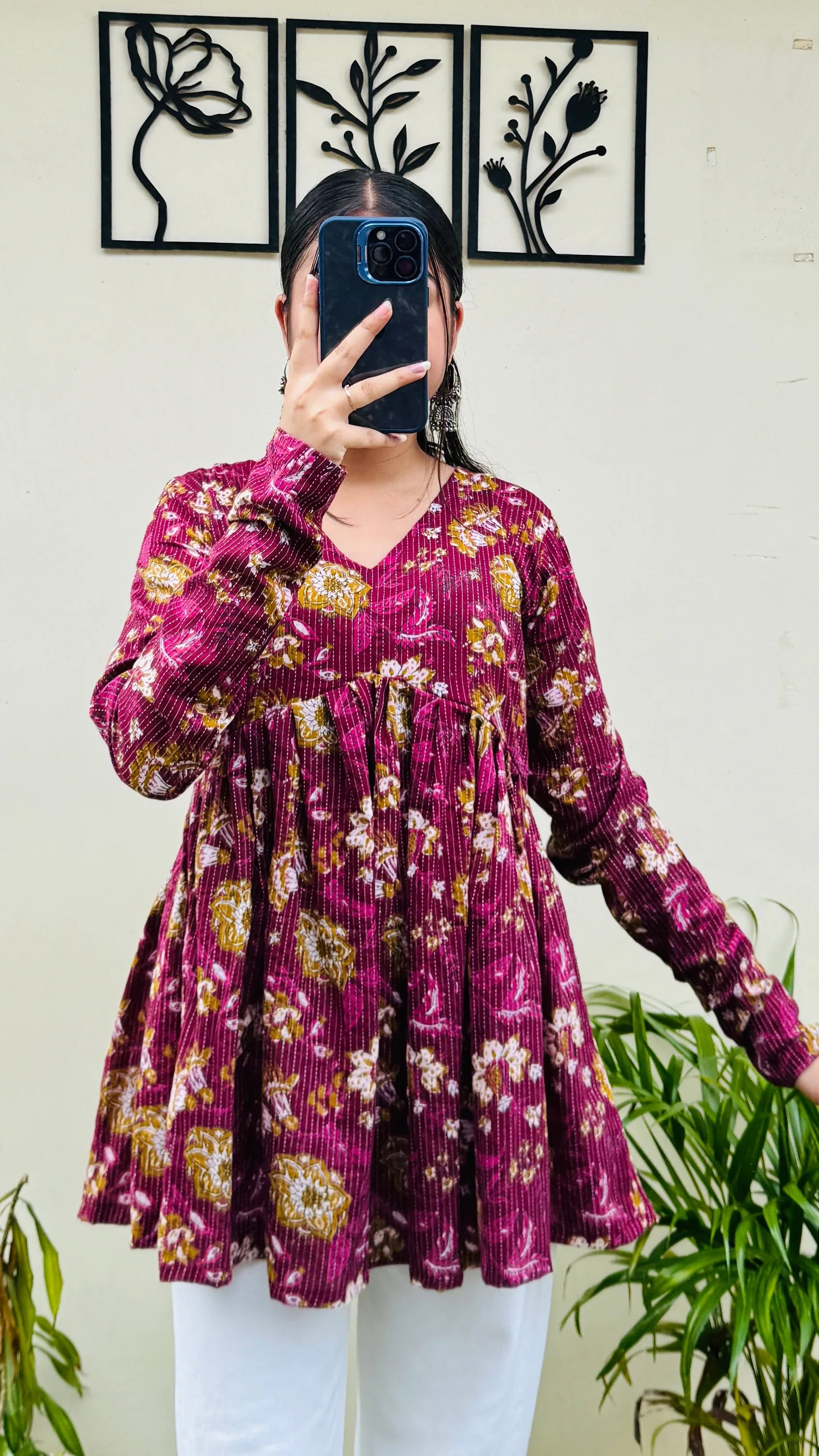 Cotton Katha Flared Wine Aliacut Floral Print Peplum Top - Dolled Up