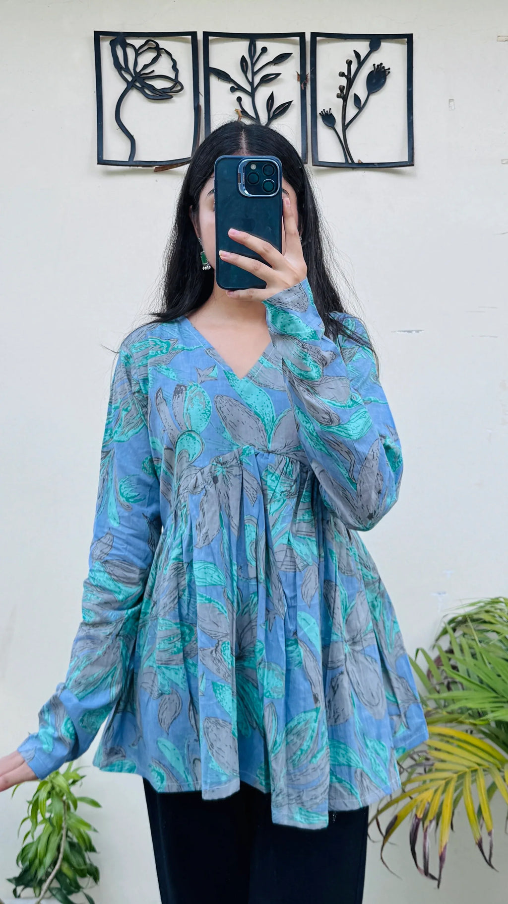 Cotton Blue Flared Printed Aliacut Peplum Top - Dolled Up