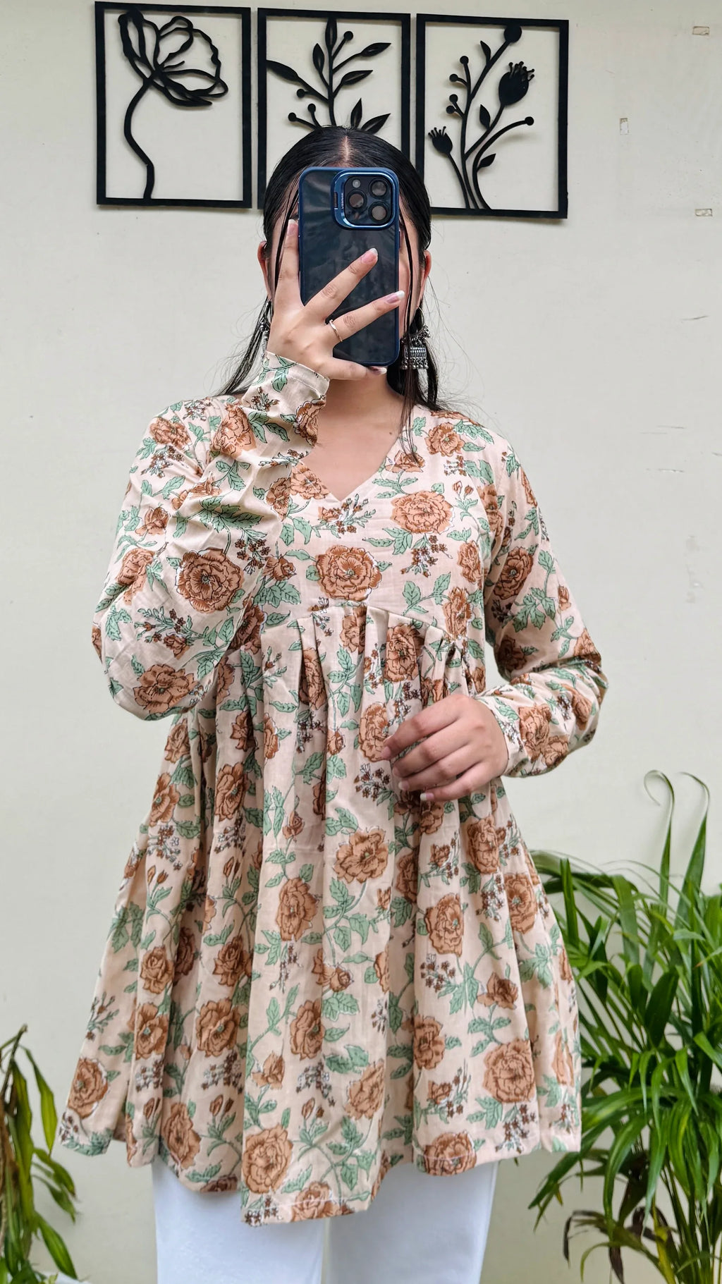 Cotton Flared Beige Aliacut Floral Print Peplum Top - Dolled Up
