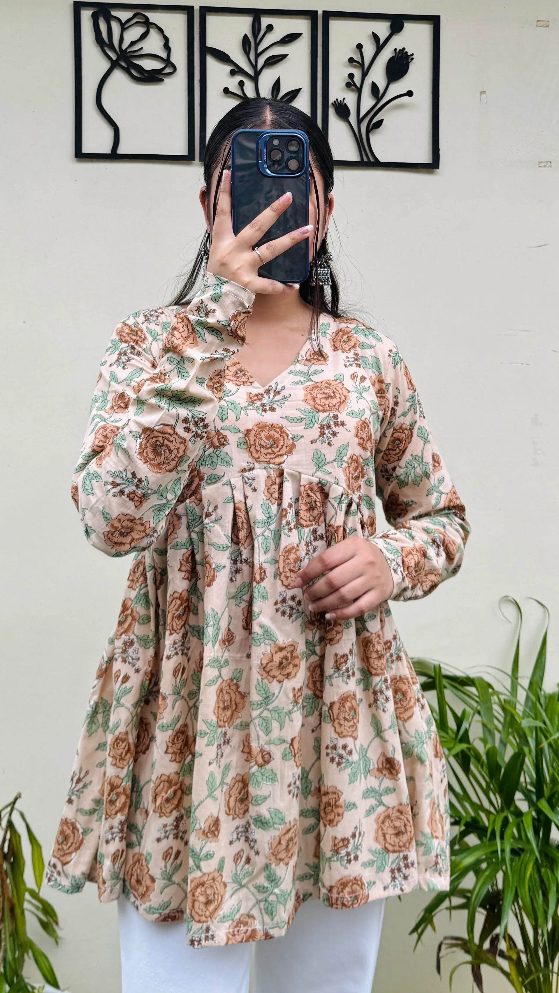 Cotton Flared Beige Aliacut Floral Print Peplum Top - Dolled Up