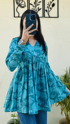 Cotton Flared Blue Aliacut Floral Print Peplum Top - Dolled Up