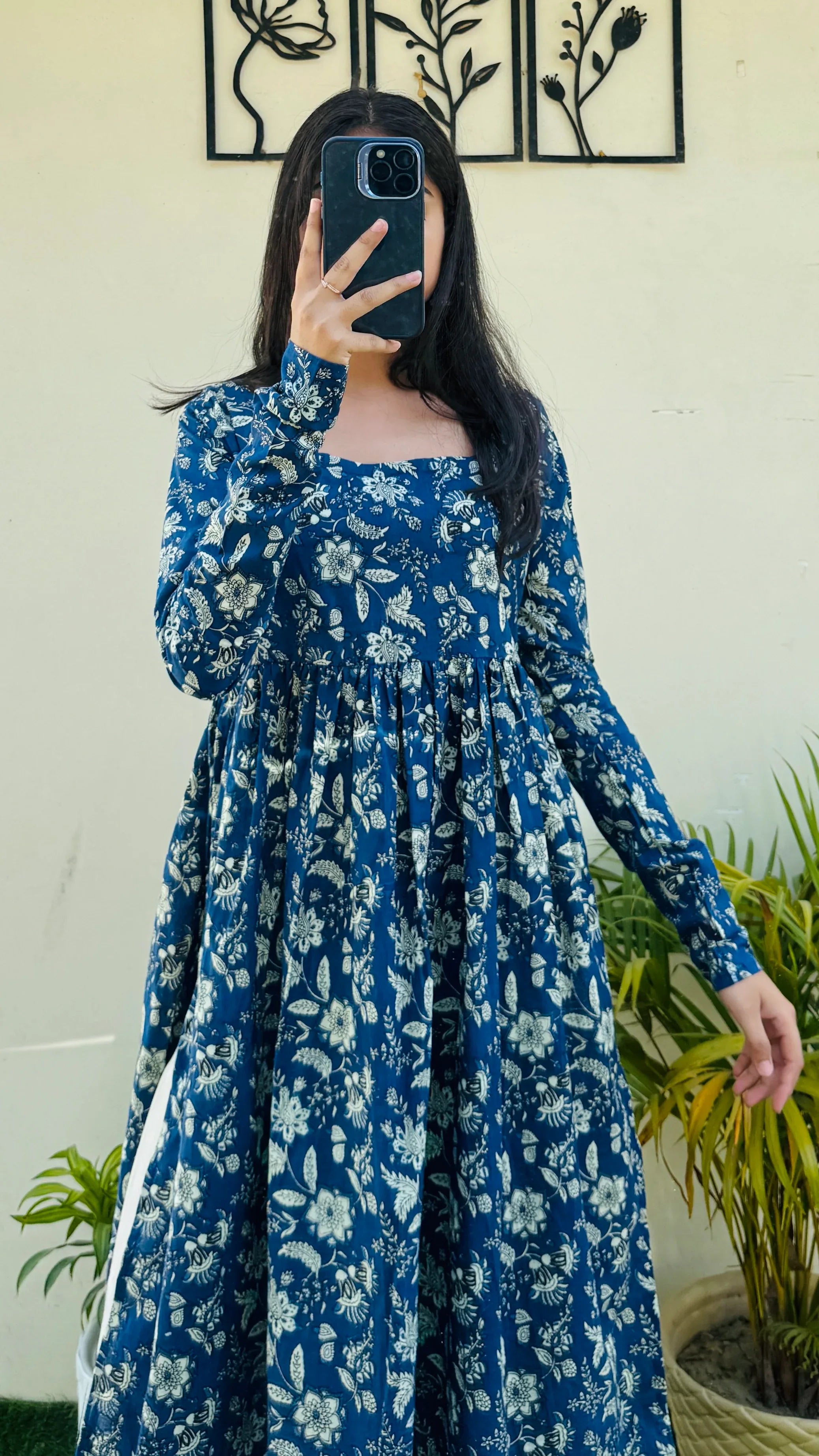 Cotton Full Sleeve Blue Nyra Cut Long Kurti - Dolled Up