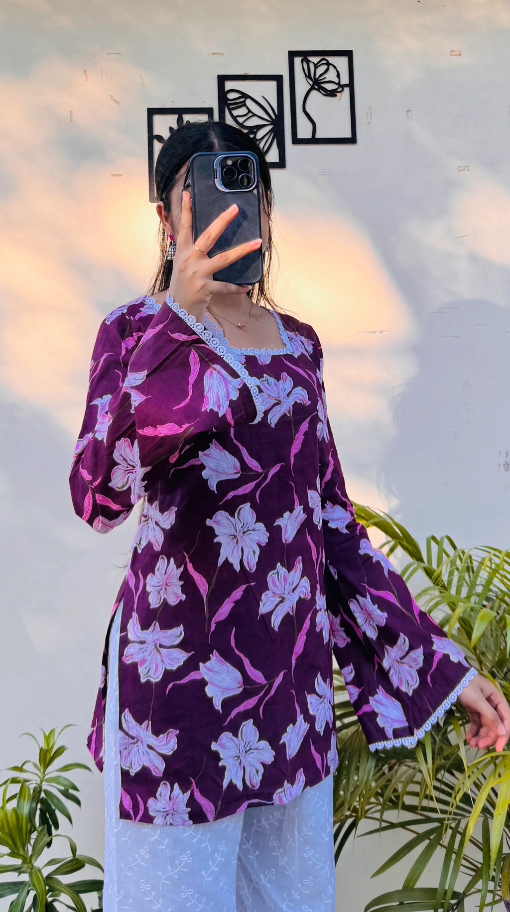 Cotton Wine Colour Square Neck Lace Detailing Corset Back Short Kurti - Dolled Up