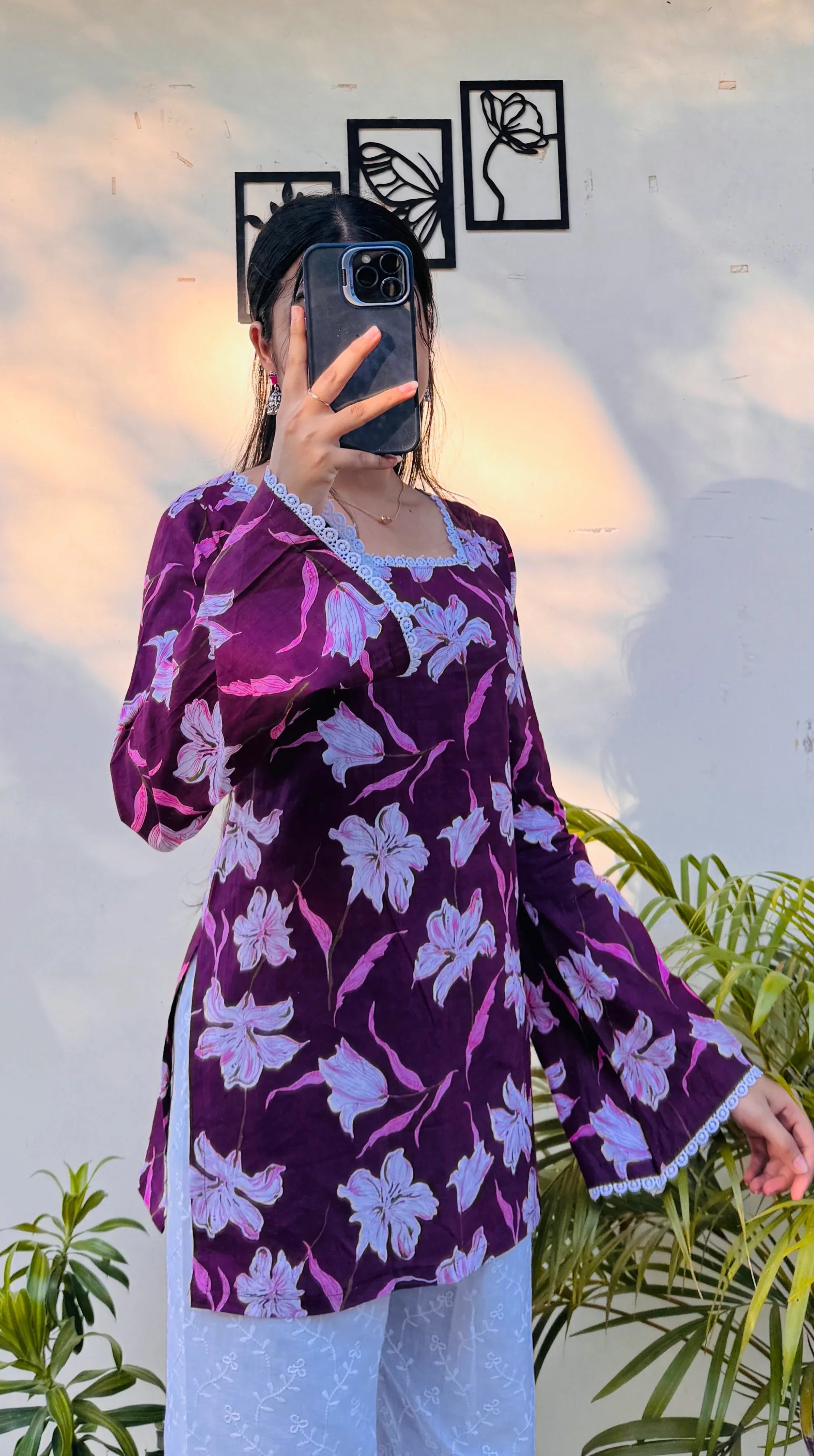 Cotton Wine Colour Square Neck Lace Detailing Corset Back Short Kurti - Dolled Up