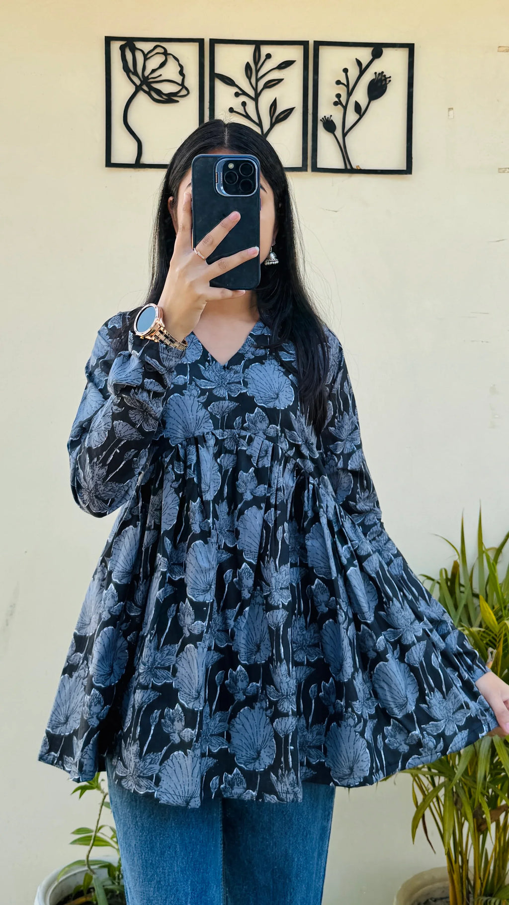 Cotton Black Flared Printed Aliacut Peplum Top - Dolled Up