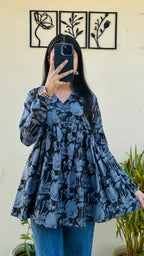 Cotton Black Flared Printed Aliacut Peplum Top - Dolled Up