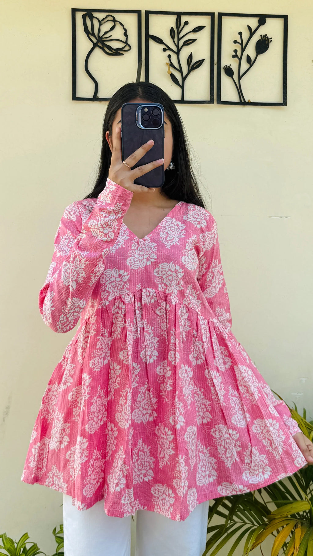 Cotton Katha Peach Printed Aliacut Peplum Top - Dolled Up