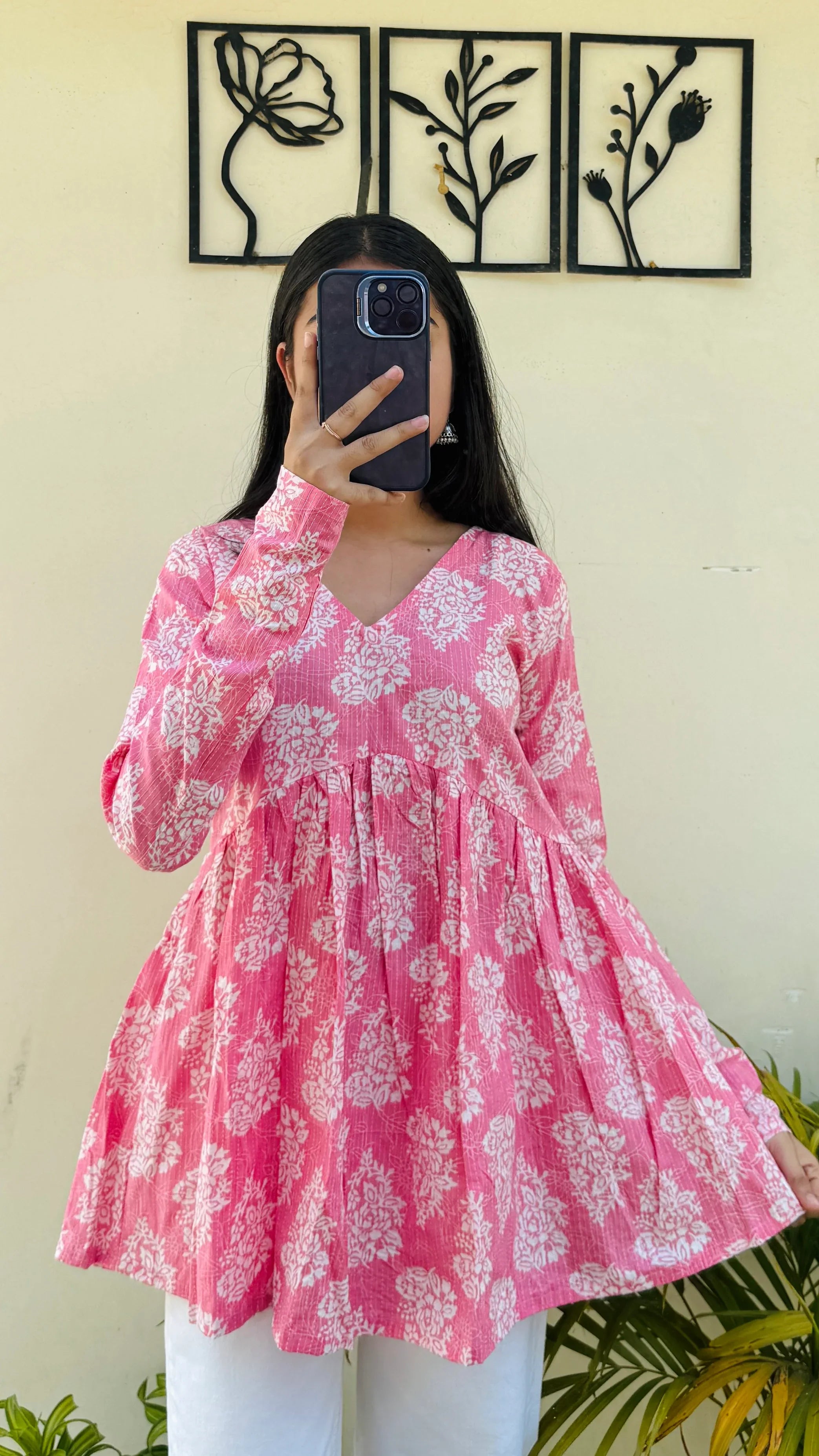 Cotton Katha Peach Printed Aliacut Peplum Top - Dolled Up