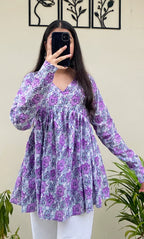 Cotton Lavender Flared Floral Print Aliacut Peplum Top - Dolled Up