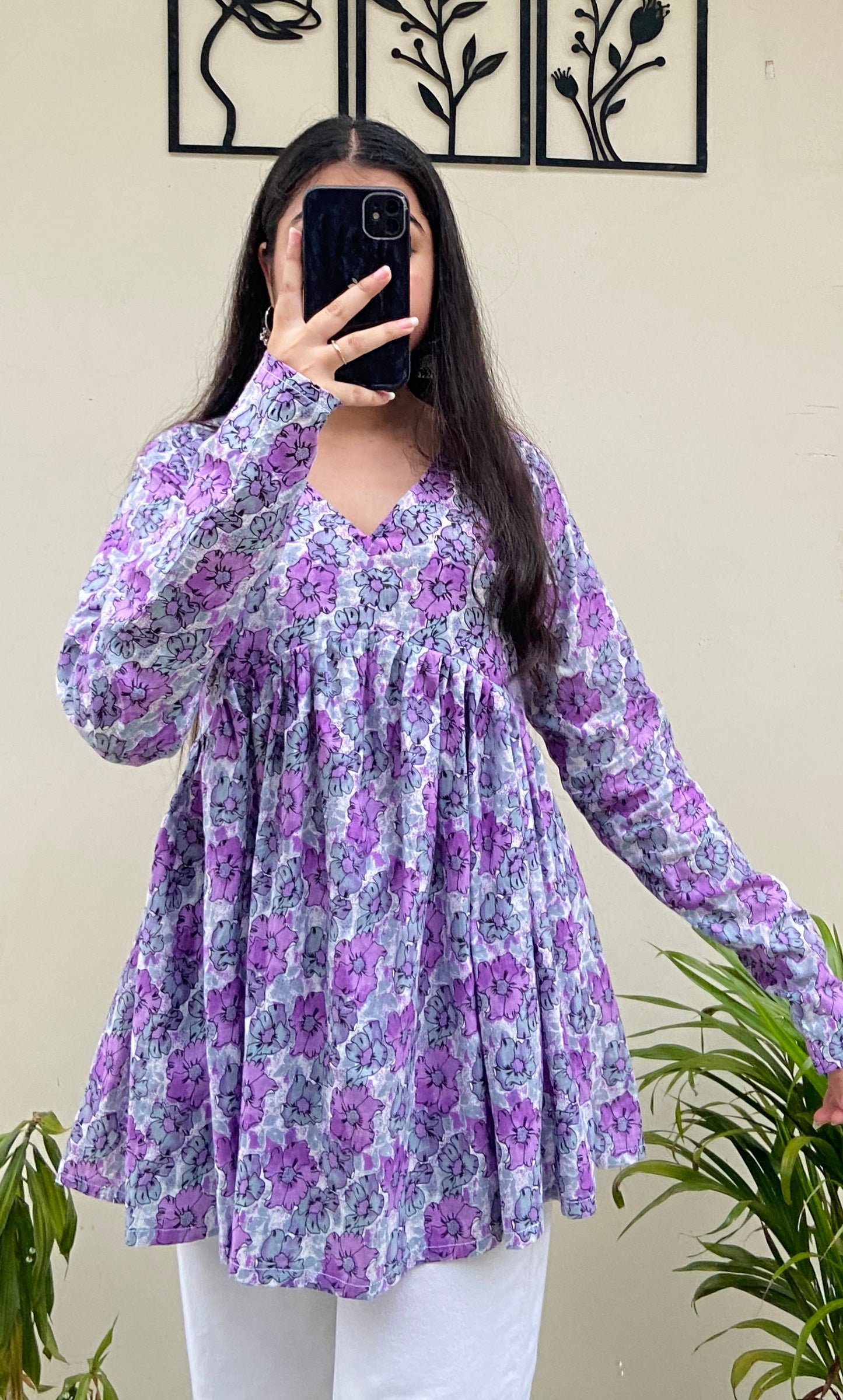 Cotton Lavender Flared Floral Print Aliacut Peplum Top