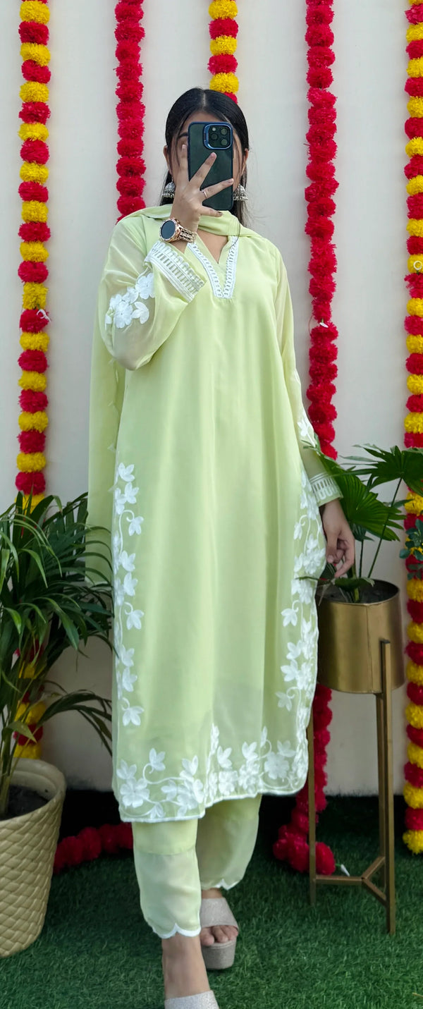 Beautiful Georgette Chikankari Hand Work Embroidery Kurta Pant with Dupatta - Dolled Up