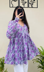Cotton Lavender Flared Floral Print Aliacut Peplum Top - Dolled Up