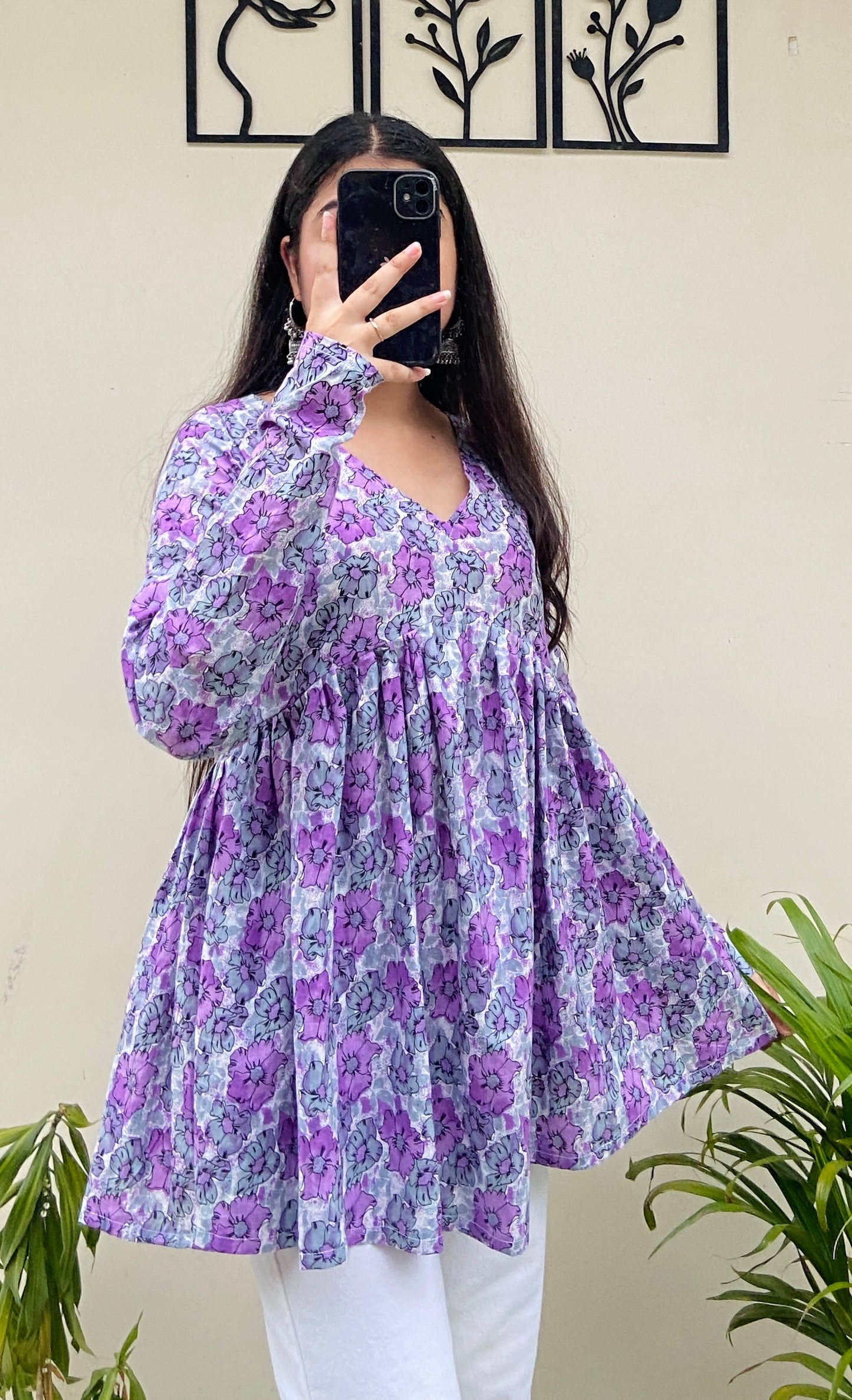 Cotton Lavender Flared Floral Print Aliacut Peplum Top