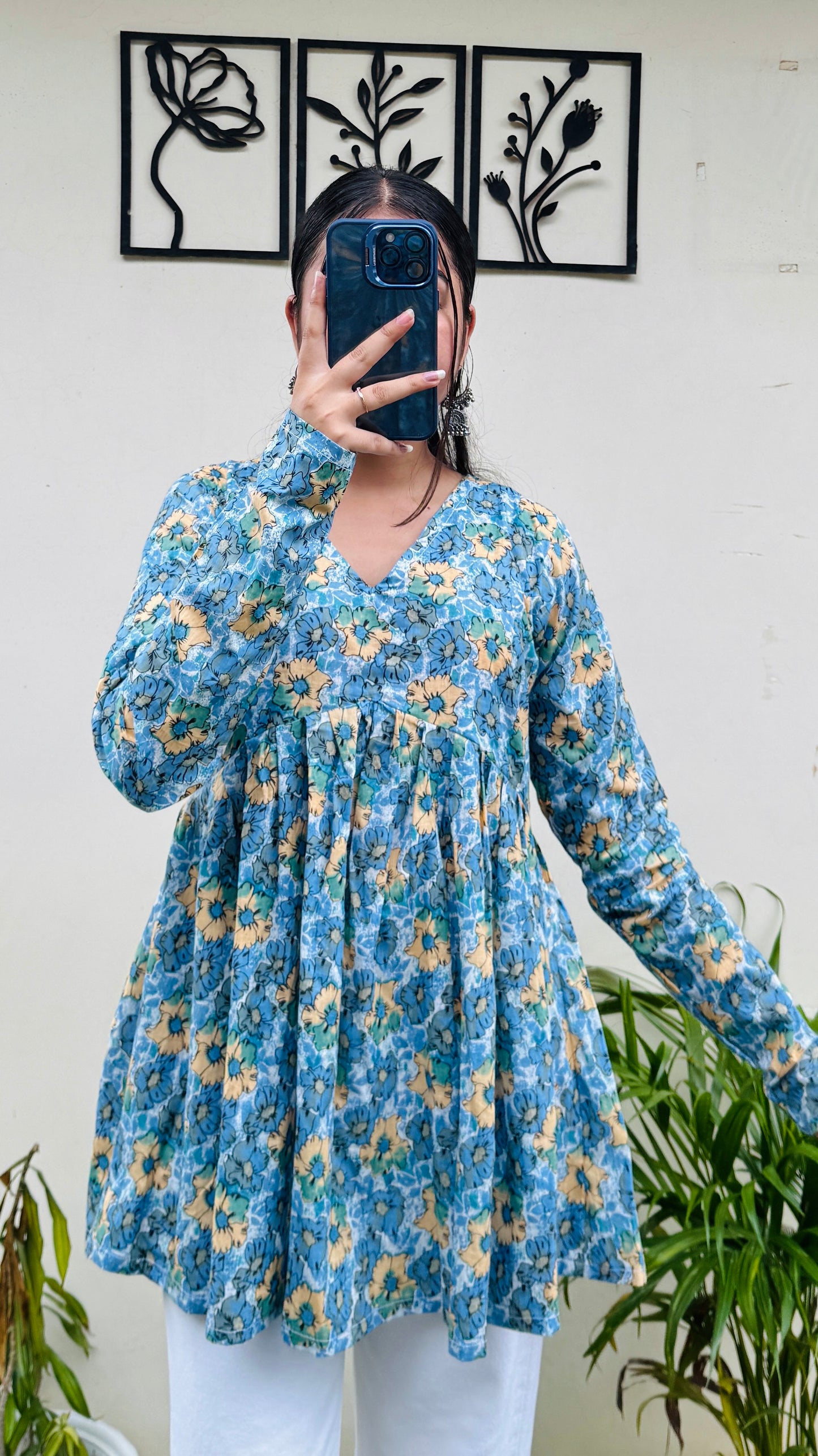 Cotton Skyblue Flared Floral Print Aliacut Peplum Top