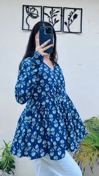 Cotton Blue Flared Printed Aliacut Peplum Top - Dolled Up