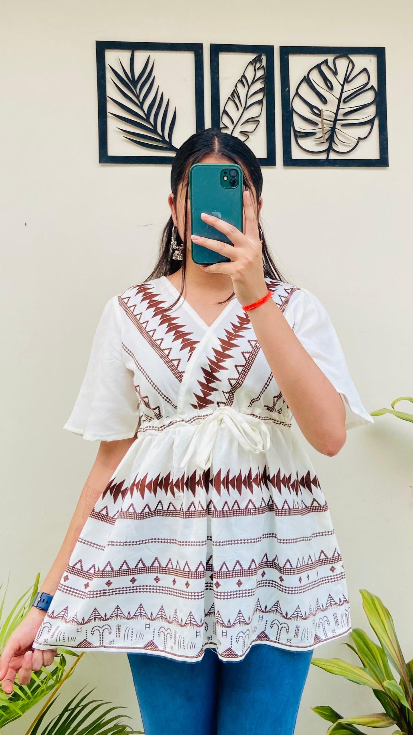 Cream n Brown Printed Rayon Short Sleeve Top