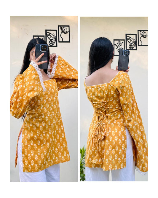 Cotton Square Neck Corset Back Short Kurti