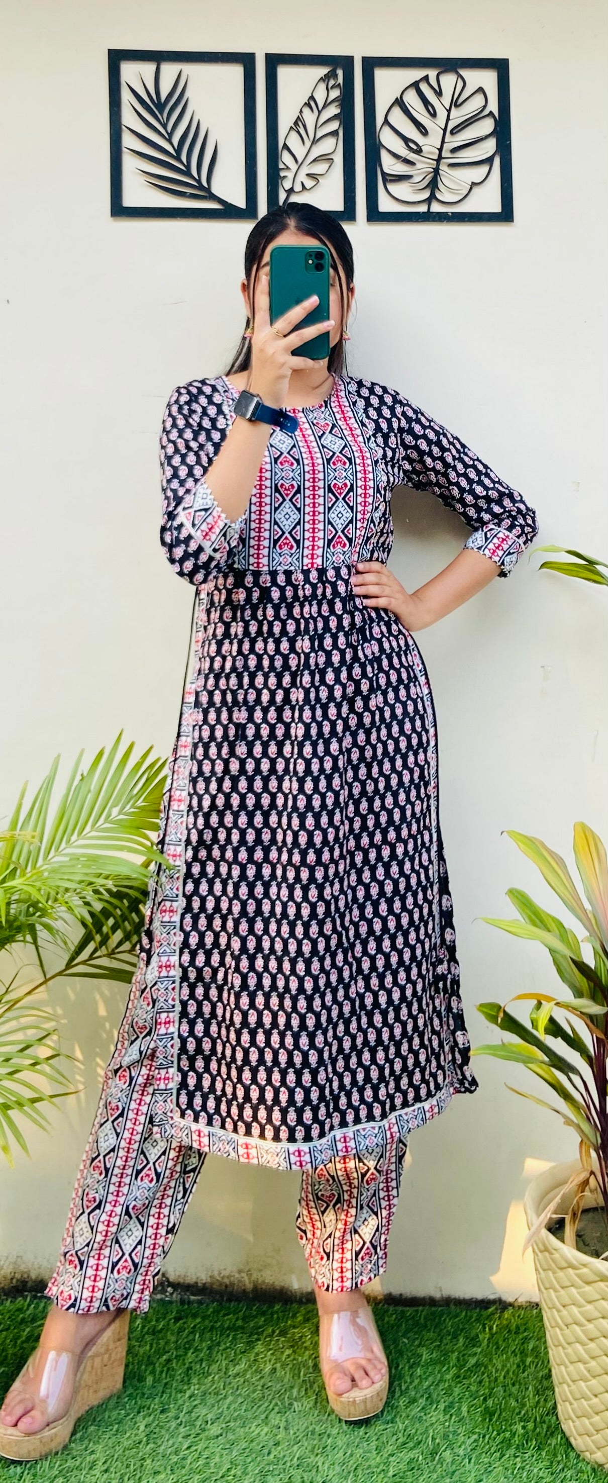 Red & Black Rayon Kurta Pant Set
