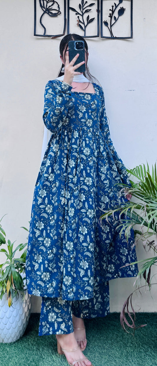 Beautiful Cotton Blue Anarkali Suit Set