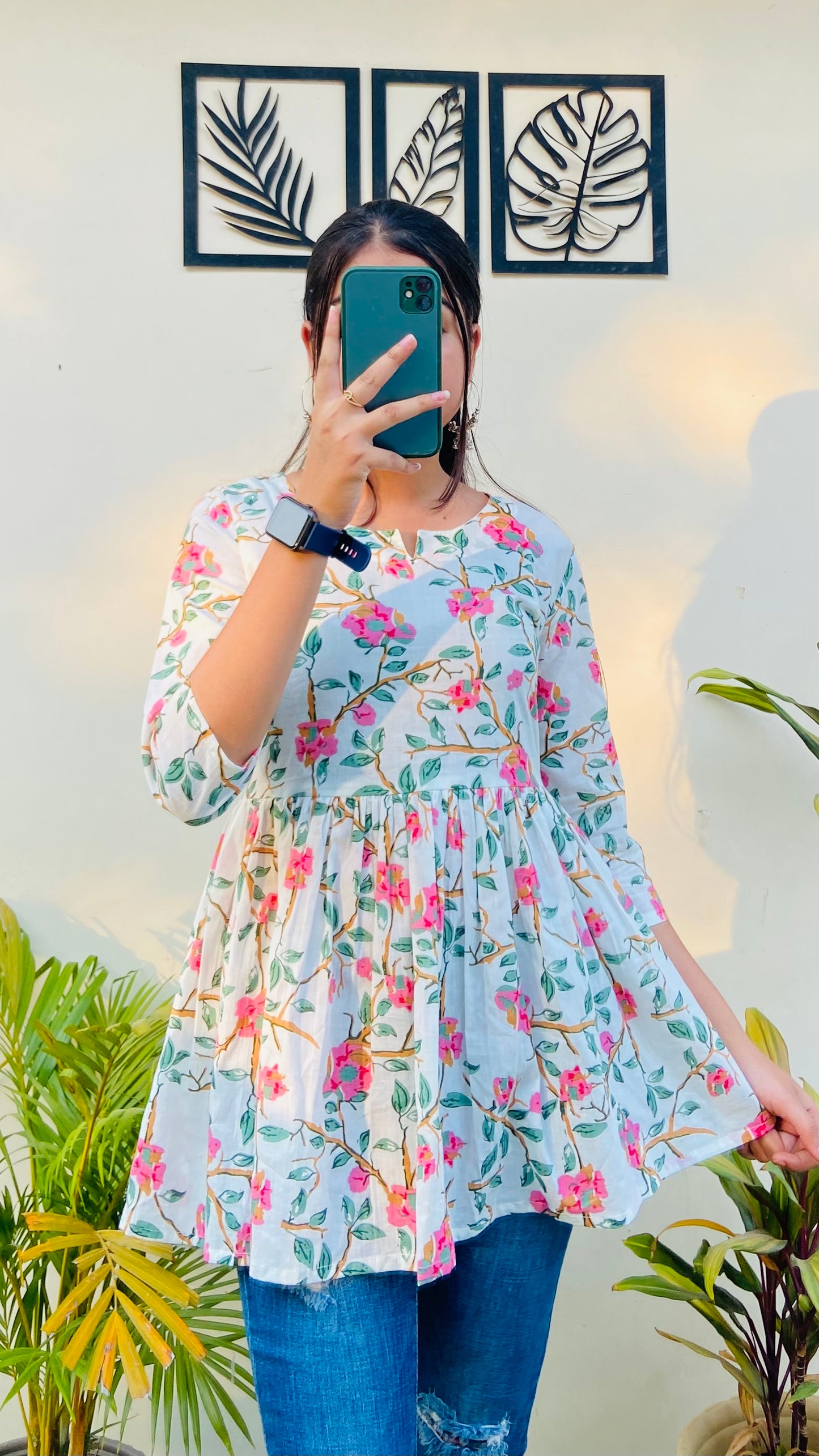Pretty White Floral Print Cotton Short Top