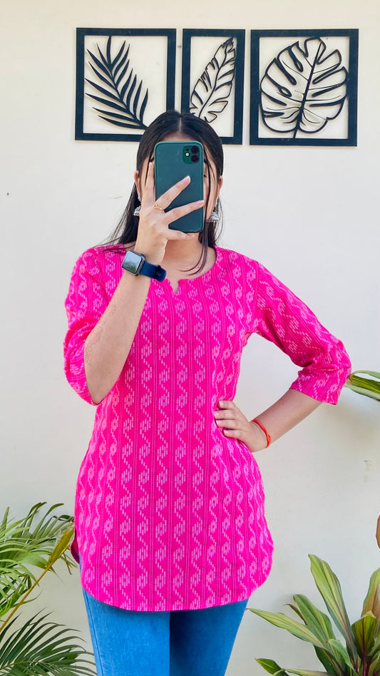 Pink Cotton Katha Short Kurti