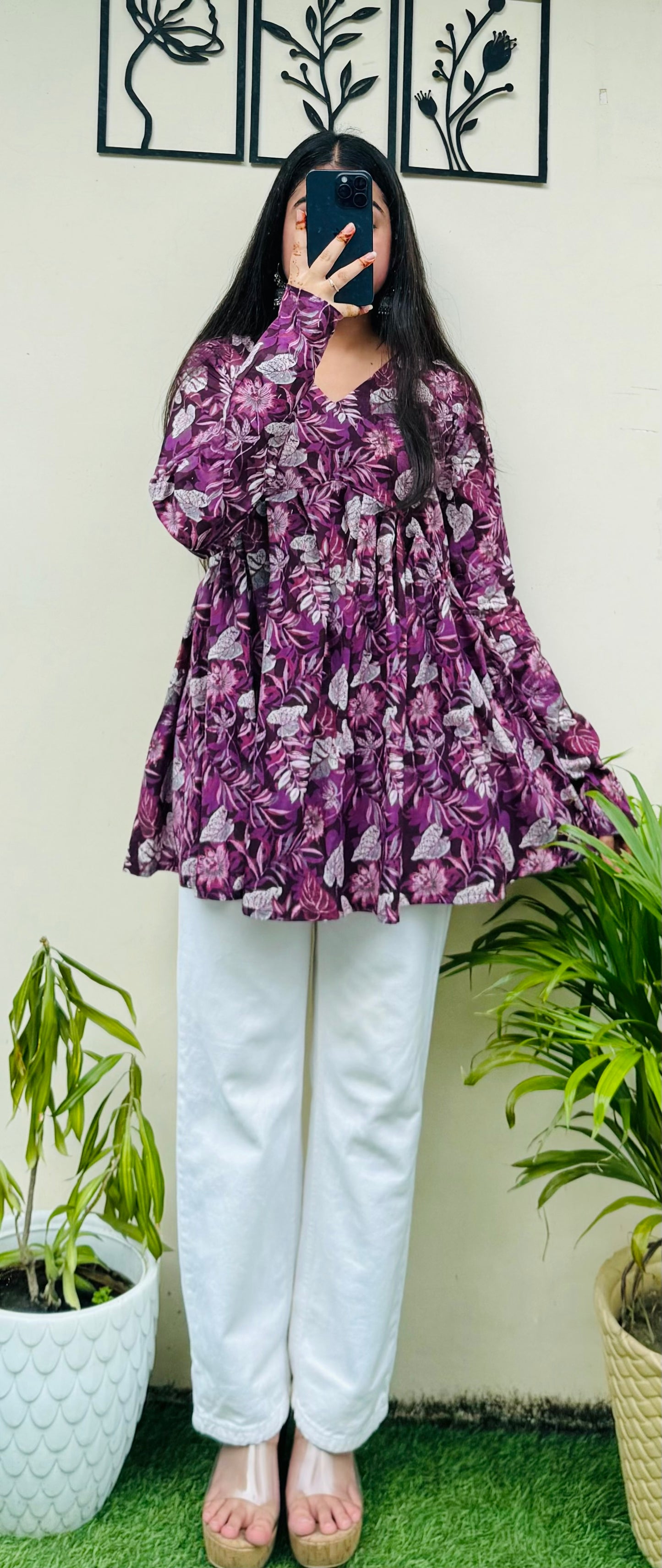 Cotton Wine Flared Floral Print Aliacut Peplum Top