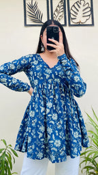 Cotton Flared Royal Blue Aliacut Floral Print Peplum Top - Dolled Up