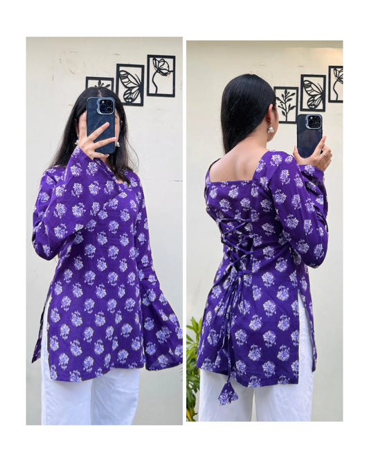 Cotton Square Neck Corset Back Short Kurti - Dolled Up