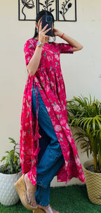 Cotton Printed Hotpink Nyra Cut Long Kurti - Dolled Up