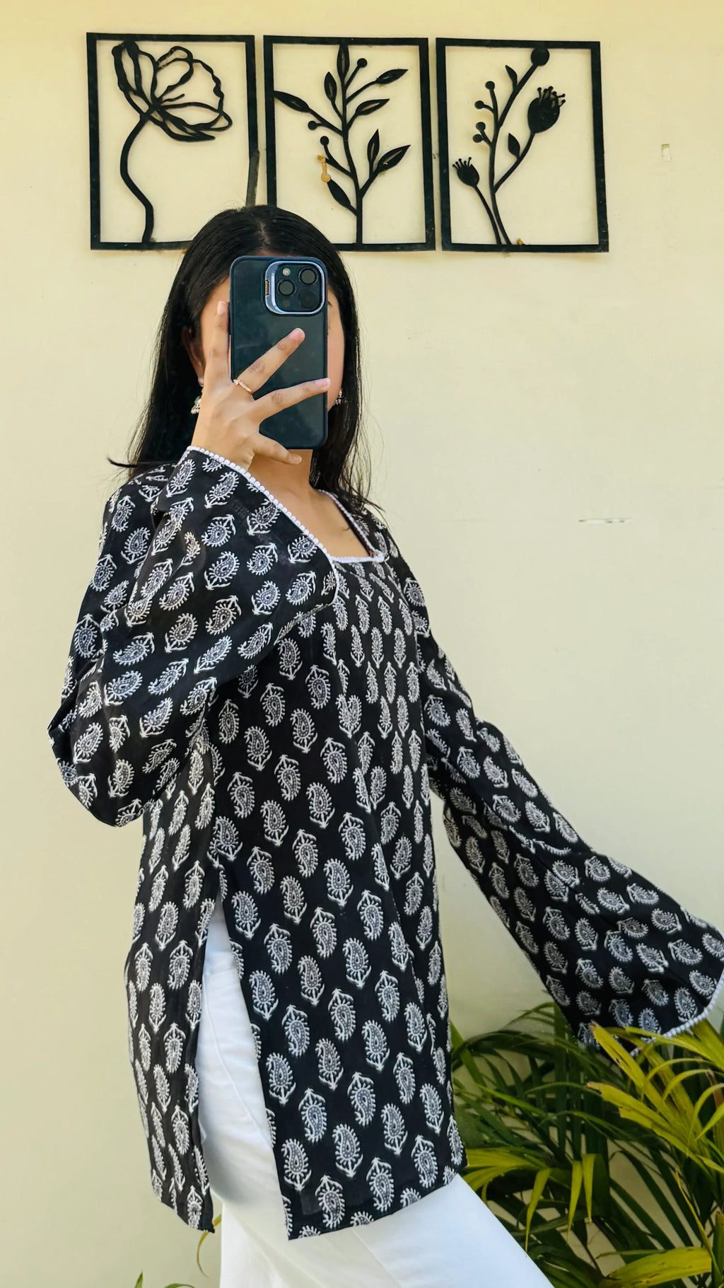 Cotton Square Neck Lace detailing Bellsleeve Short Kurti - Dolled Up