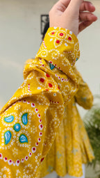 Cotton Yellow Flared Printed Aliacut Peplum Top - Dolled Up