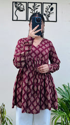 Cotton Flared Maroon Aliacut Ajarakh Print Peplum Top - Dolled Up