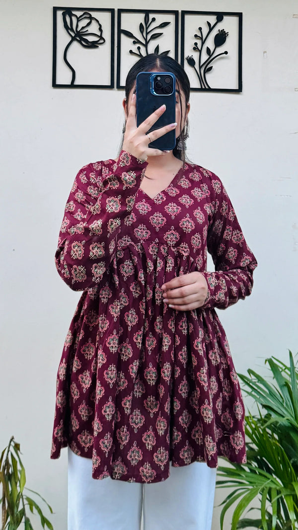 Cotton Flared Maroon Aliacut Ajarakh Print Peplum Top - Dolled Up