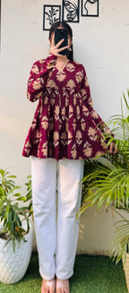 Cotton Maroon Flared Printed Aliacut Peplum Top - Dolled Up