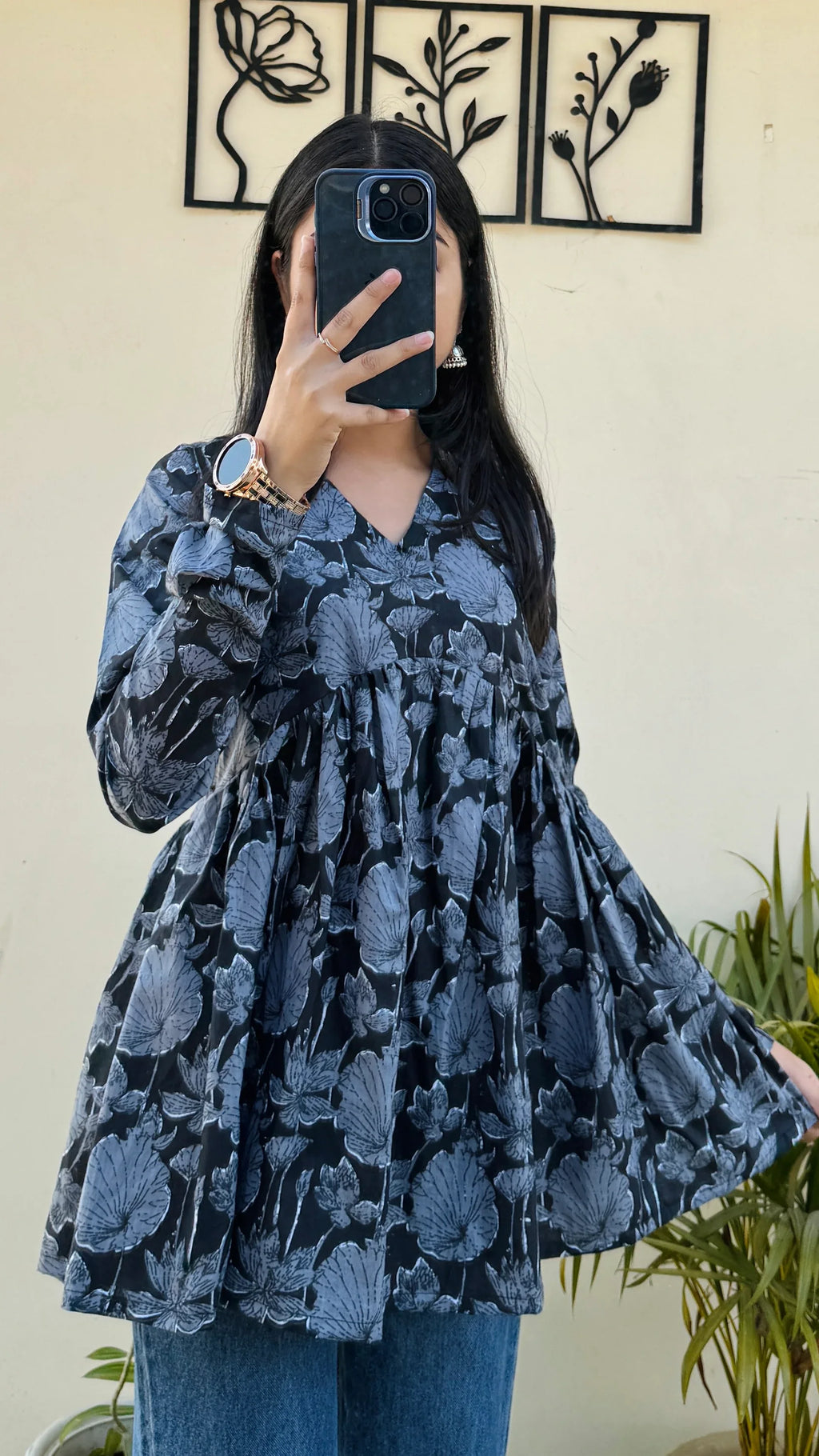 Cotton Black Flared Printed Aliacut Peplum Top - Dolled Up