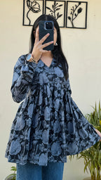 Cotton Black Flared Printed Aliacut Peplum Top - Dolled Up