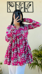 Cotton Flared Pink Katha Floral Print Aliacut Peplum Top - Dolled Up
