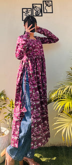 Cotton Full Sleeve Wine Colour Nyra Cut Long Kurti