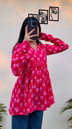 Cotton Dark Pink Flared Printed Aliacut Peplum Top - Dolled Up