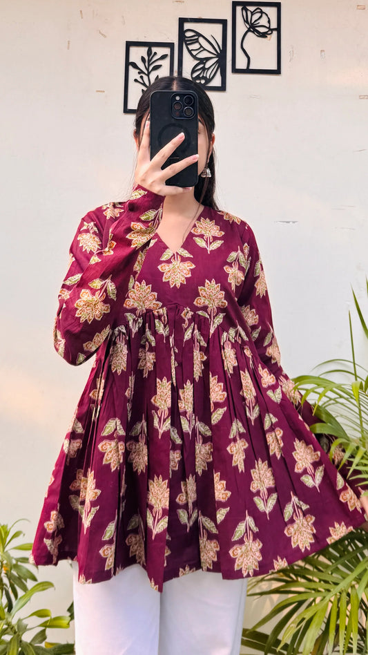 Cotton Maroon Flared Printed Aliacut Peplum Top - Dolled Up
