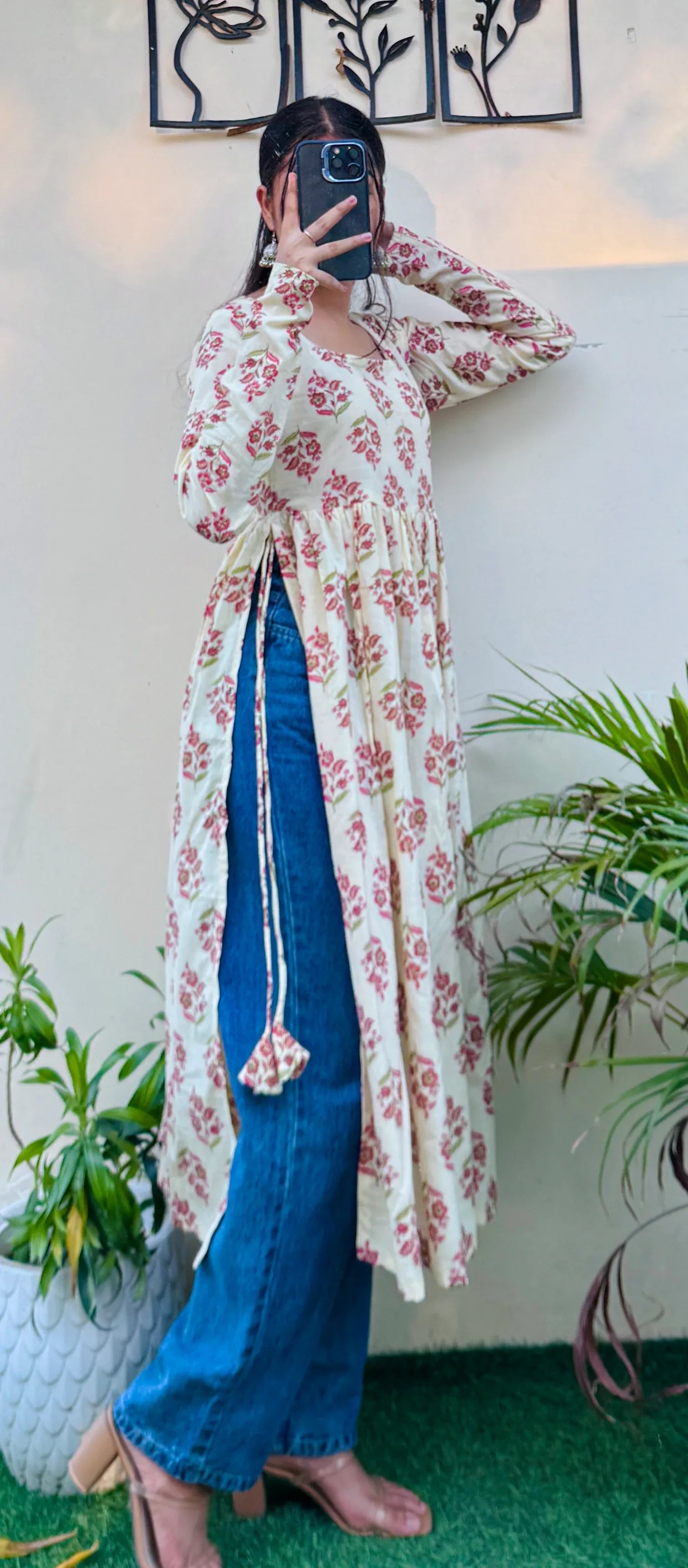 Cotton Full Sleeve Cream Colour Nyra Cut Long Kurti - Dolled Up