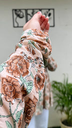 Cotton Flared Beige Aliacut Floral Print Peplum Top - Dolled Up
